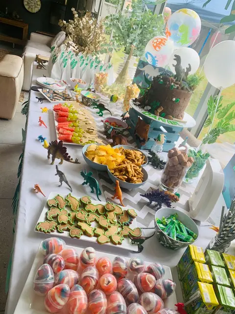 Dinosaur Party Buffet with Cake and Shaped Cookies