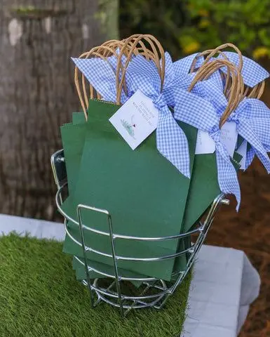 Green Golf Party Favor Bags with Blue Gingham Bows