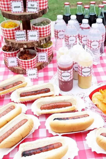 Hot Dog Bar with a Tiered Topping Stand and Red Gingham