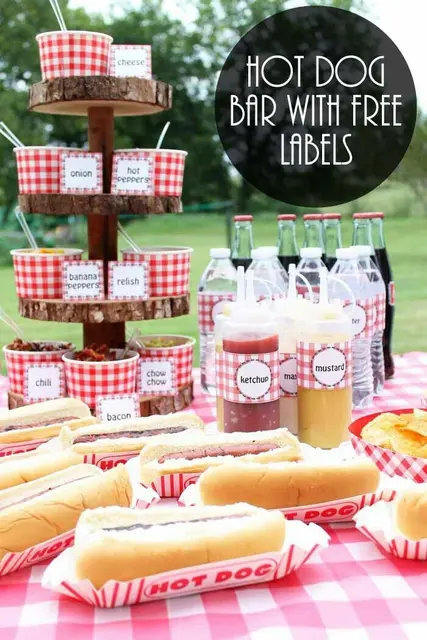 Red Gingham Hot Dog Bar with Tiered Toppings