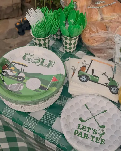 Golf Party Tableware with Green Patterned Utensil Cups