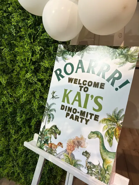 Dino-Mite Welcome Sign with White Balloons