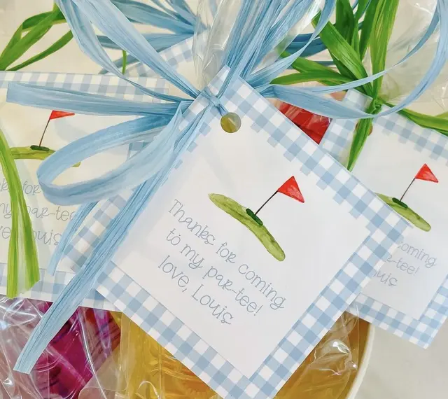 Blue Gingham Golf Favor Tags on Clear Party Bags