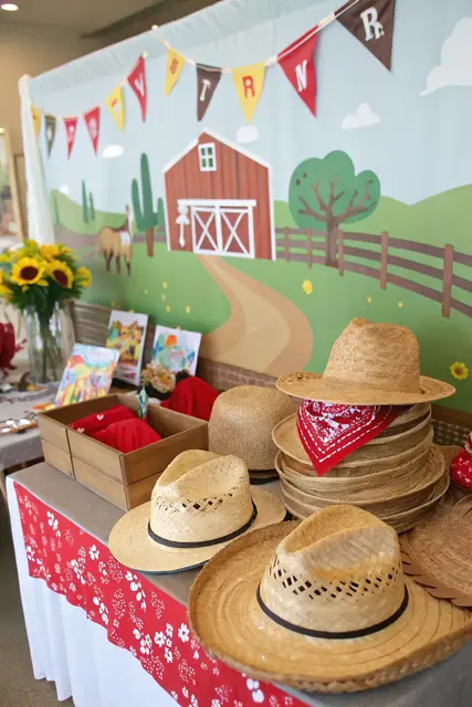 Barnyard Hat Table with Bandanas and a Farm Backdrop