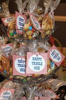 Happy Trails Mix Favor Bags on a Tiered Stand