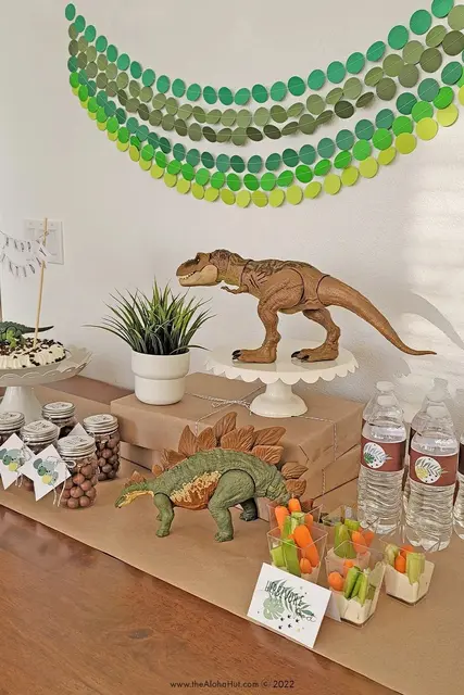Dinosaur Snack Table with Paper Garlands and Labels