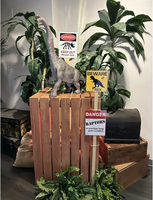 Dinosaur Crate Display with Jungle Warning Signs