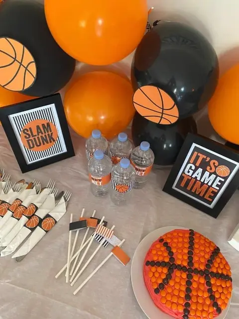 Basketball Party Table with Framed Signs and Paper Wraps