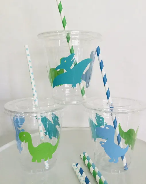 Blue and Green Dinosaur Cups with Patterned Straws