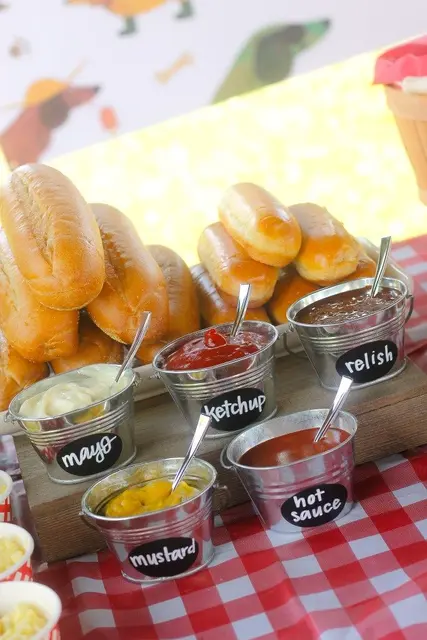 Hot Dog Condiment Station with Labeled Metal Buckets