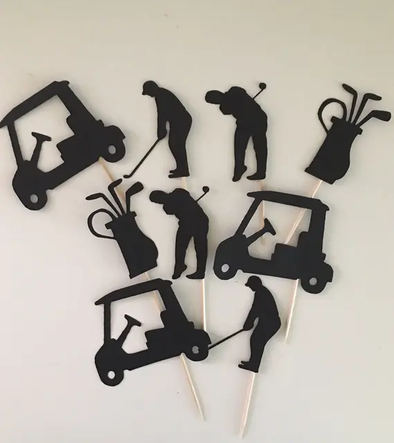 Black Golf Silhouette Picks with Players, Carts, and Bags