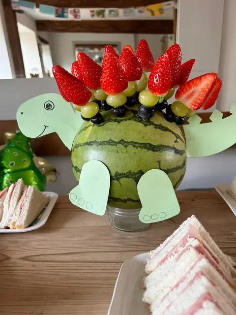Paper Dinosaur Cutouts for a Watermelon Fruit Display