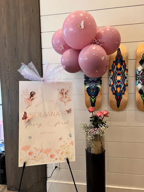 Fairy First Birthday Welcome Sign with Pink Balloons