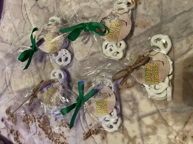 Dino Bones Pretzel Bags with Green Ribbon and Twine
