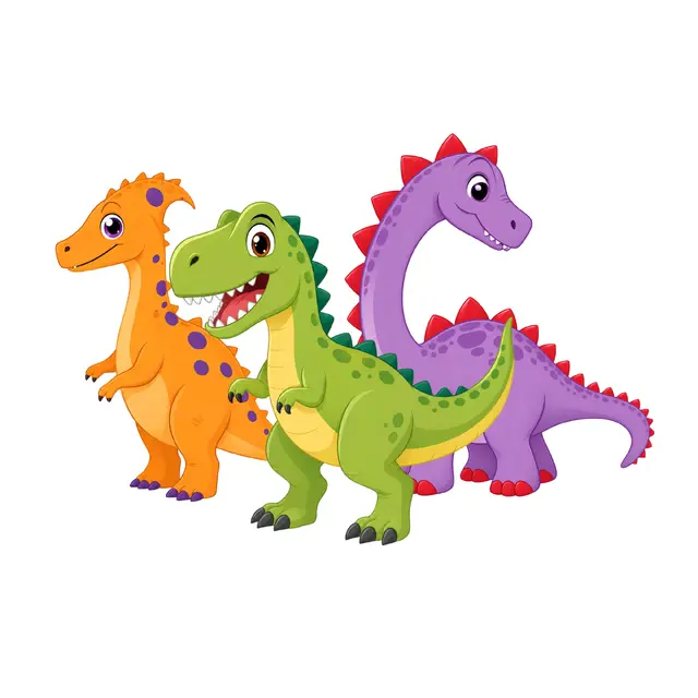 Colorful Cartoon Dinosaurs and Volcano PNG Clipart Pack