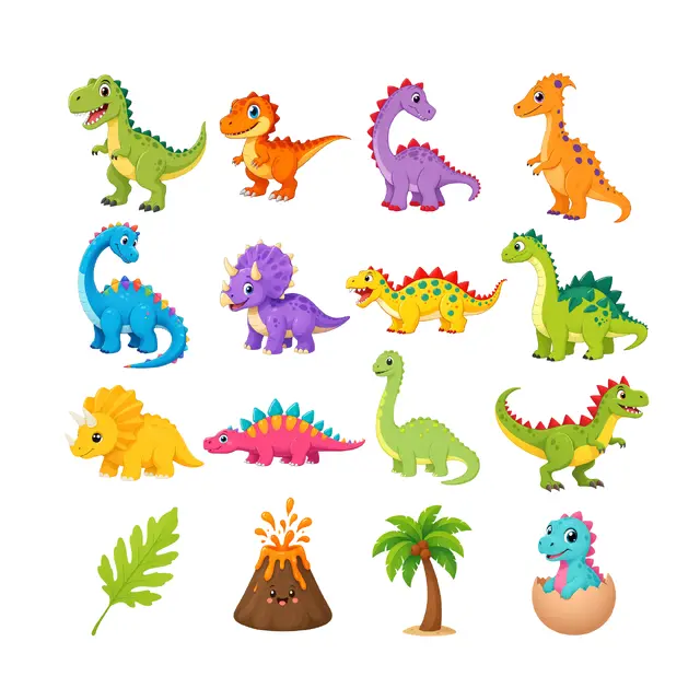Colorful Cartoon Dinosaurs and Volcano PNG Clipart Pack