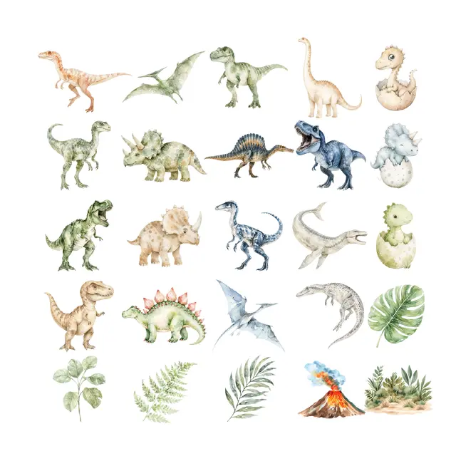 Watercolor Dinosaurs and Prehistoric Greenery PNG Clipart Pack