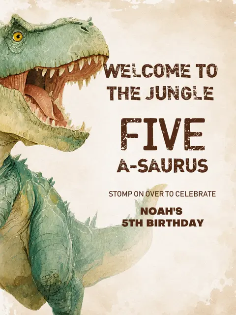 Watercolor T-Rex Five-a-Saurus Printable Welcome Sign