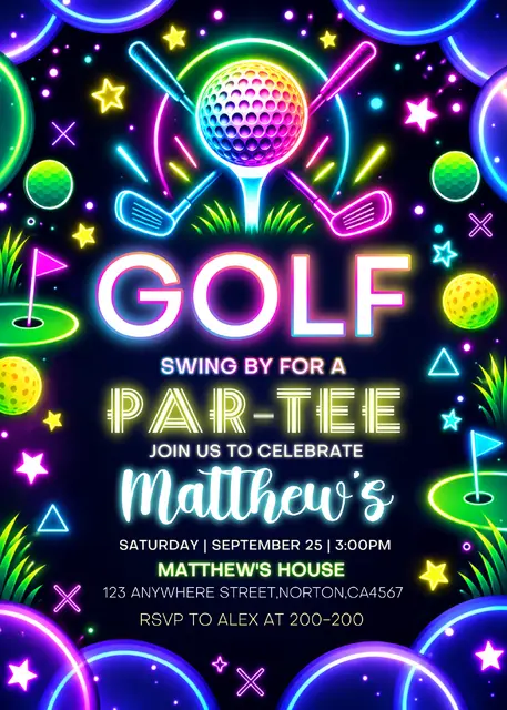 Neon Rainbow Golf Ball and Clubs Printable Party Invitation