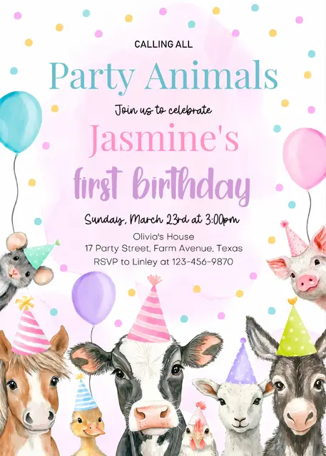 Pastel Farm Animals Printable Birthday Invitation
