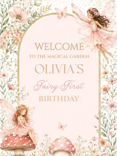 Blush Fairy Garden Floral Arch Printable Birthday Welcome Sign