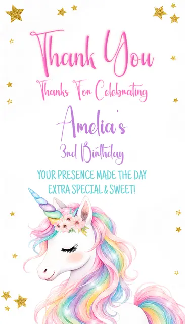 Pastel Rainbow Unicorn Printable Thank You Card