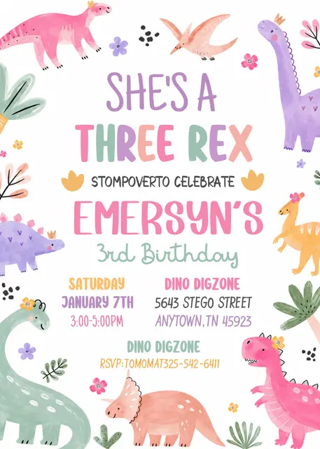 Pastel Dinosaur Three-Rex Printable Birthday Invitation