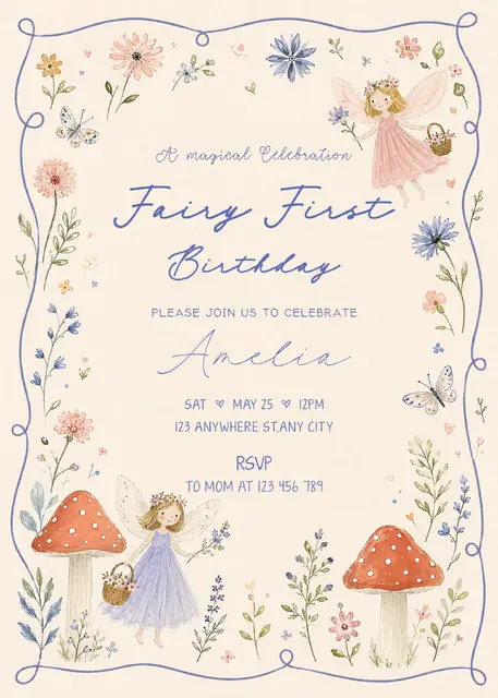 Wildflower Fairy Storybook Printable First Birthday Invitation