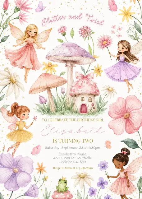 Watercolor Mushroom Fairy Printable Second Birthday Invitation
