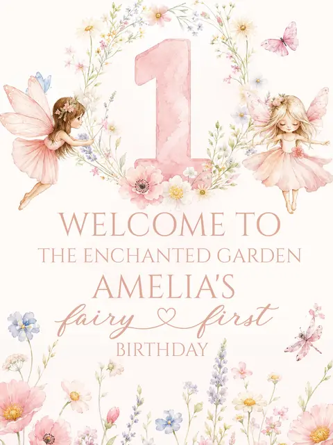 Pink Fairy Floral Wreath Printable First Birthday Welcome Sign