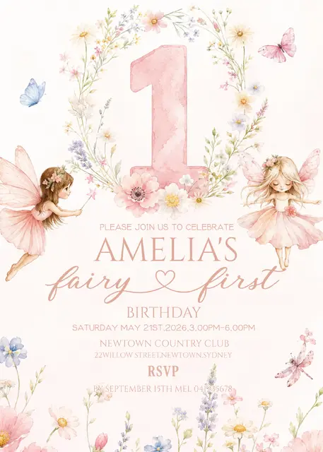 Pink Fairy Floral Wreath Printable First Birthday Invitation