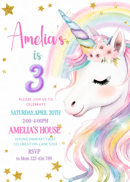 Pastel Rainbow Unicorn Printable Third Birthday Invitation