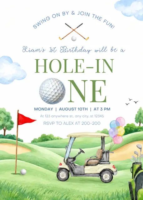 Watercolor Golf Cart Hole in One Printable First Birthday Invitation