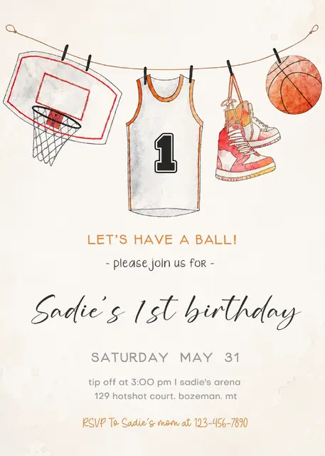 Watercolor Basketball Printable First Birthday Invitation