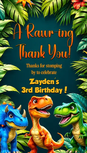 Tropical Cartoon Dinosaur Printable Thank You Card