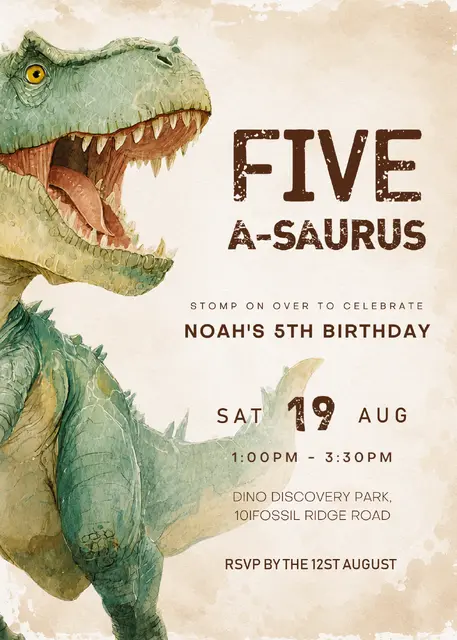 Watercolor T-Rex Five-a-Saurus Printable Birthday Invitation