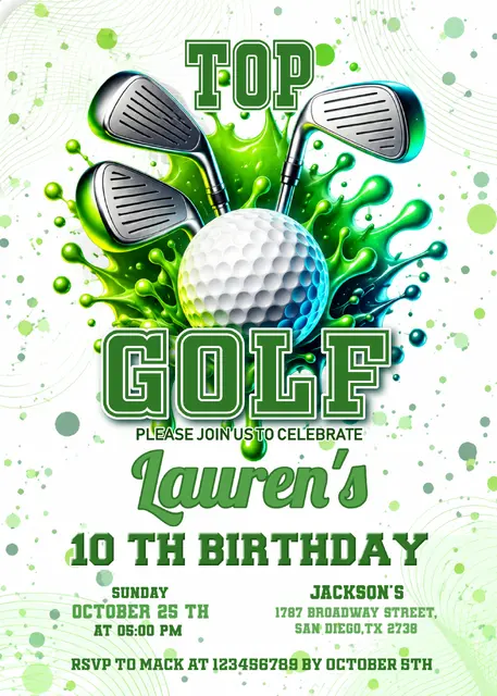 Green Paint Splash Golf Ball and Clubs Printable Birthday Invitation