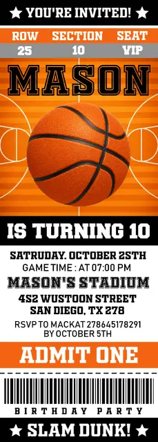 Orange Basketball Ticket Printable Birthday Invitation