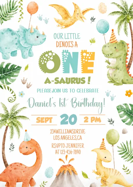 One-a-Saurus Printable Dinosaur First Birthday Invitation