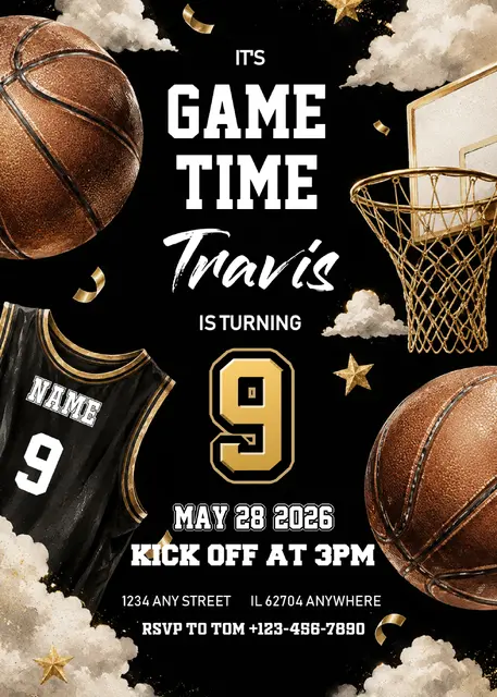 Black and Gold Basketball Jersey Printable Birthday Invitation
