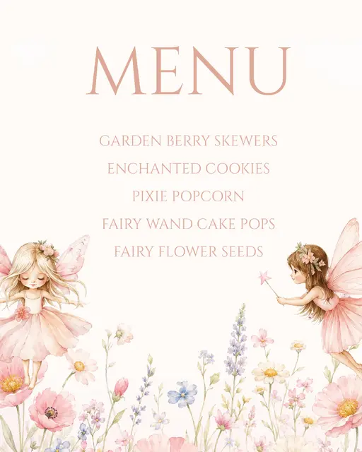Pink Fairy Garden Printable Party Menu Design