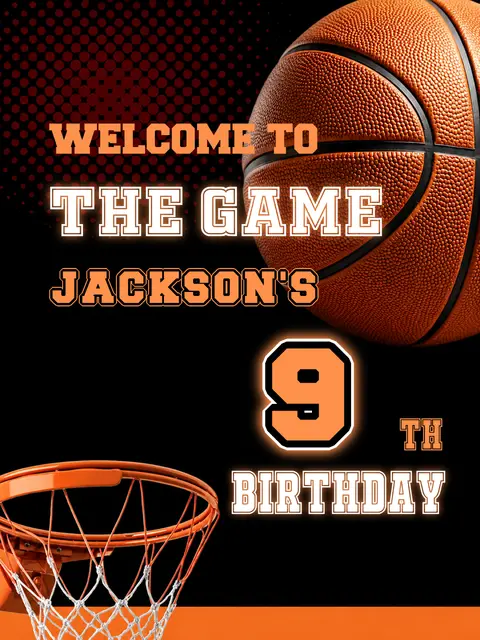 Black and Orange Basketball Printable Birthday Welcome Sign