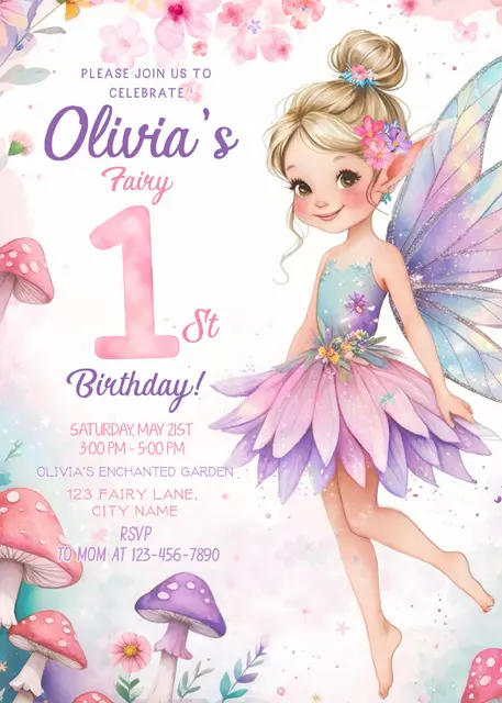 Purple Petal Fairy Printable First Birthday Invitation