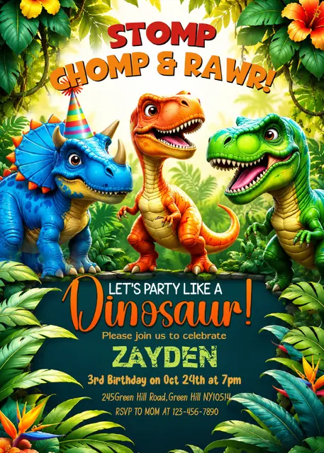 Tropical Cartoon Dinosaur Printable Birthday Invitation