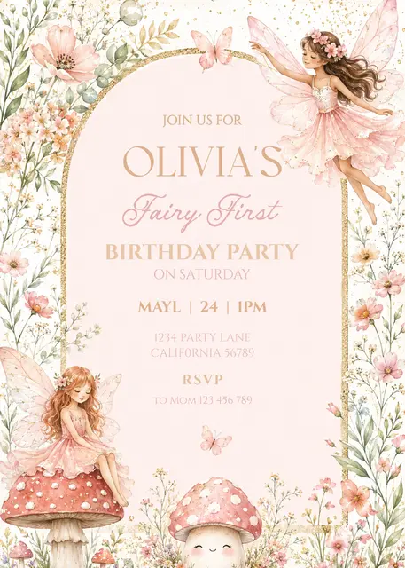 Pink Fairy Garden Arch Printable First Birthday Invitation