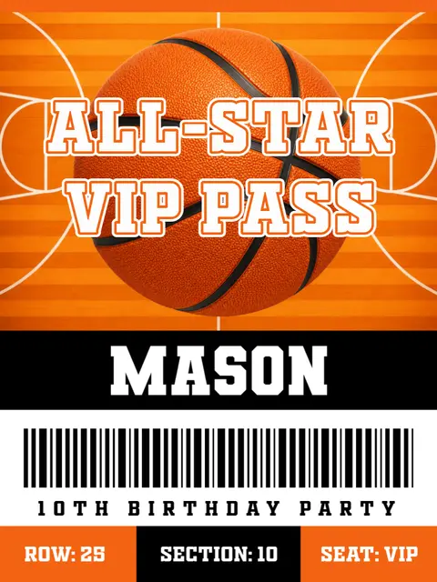 Orange Court Basketball All-Star Printable VIP Party Pass