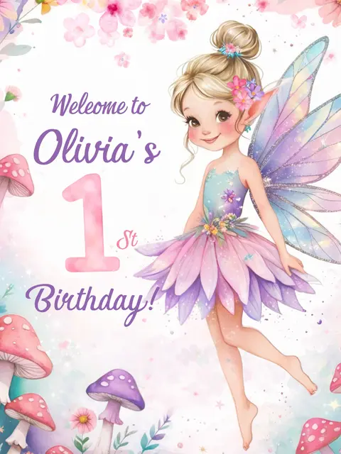 Purple Petal Fairy Printable First Birthday Welcome Sign