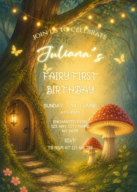Glowing Fairy Tree Door Printable First Birthday Invitation