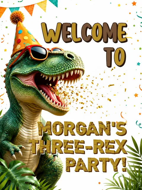 Party Hat T-Rex Three-Rex Printable Welcome Sign