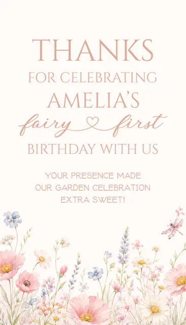 Pink Fairy Garden Printable First Birthday Thank You Card